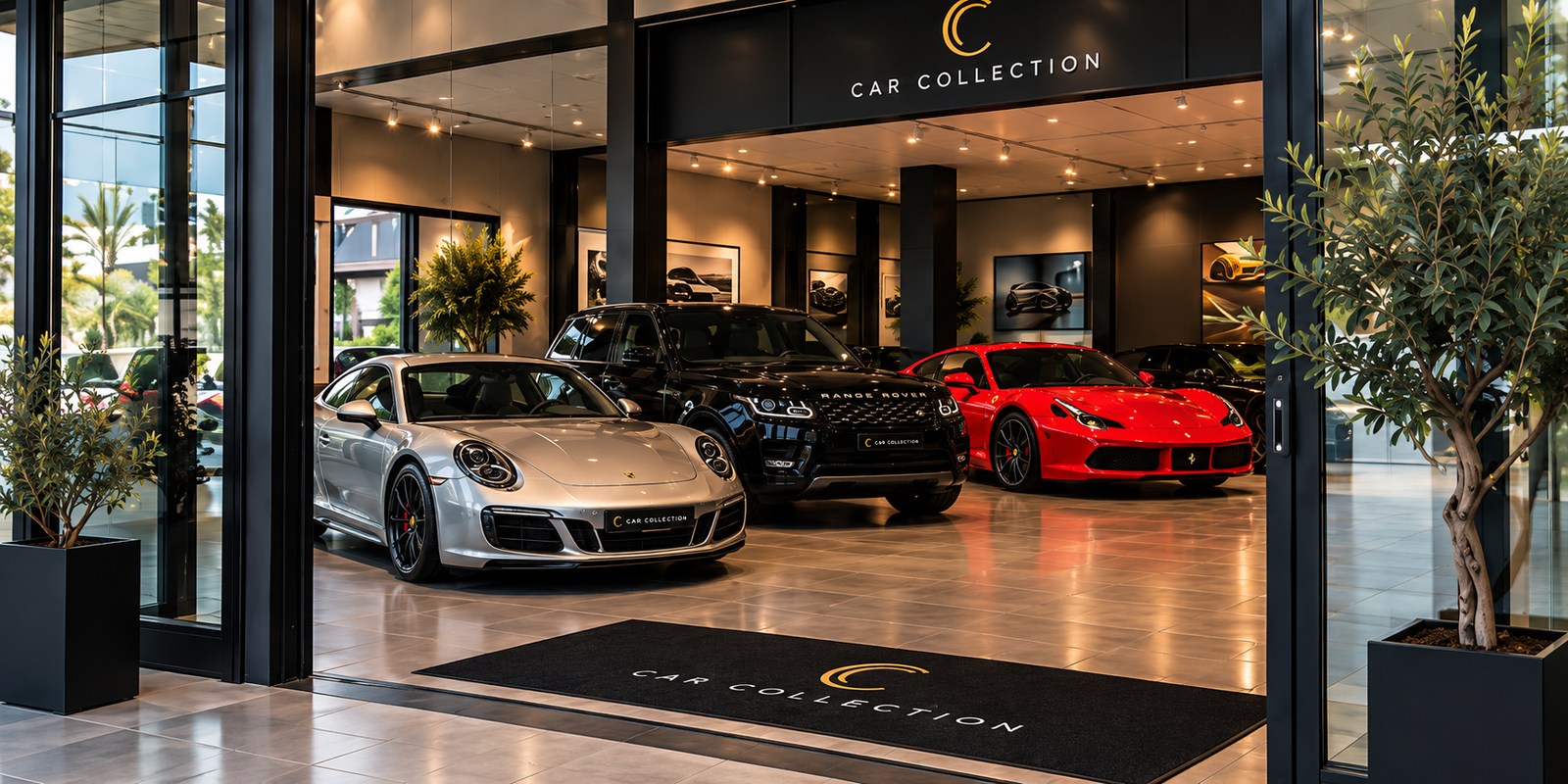 Acceso a un showroom con vehículos deportivos y SUV
